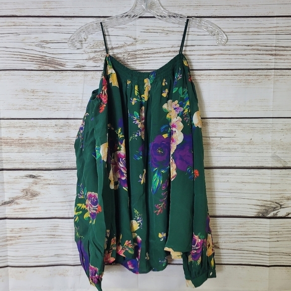 Anthropologie Maeve Tallie Green Floral Silk Open Shoulder Top Size Small - Picture 9 of 9